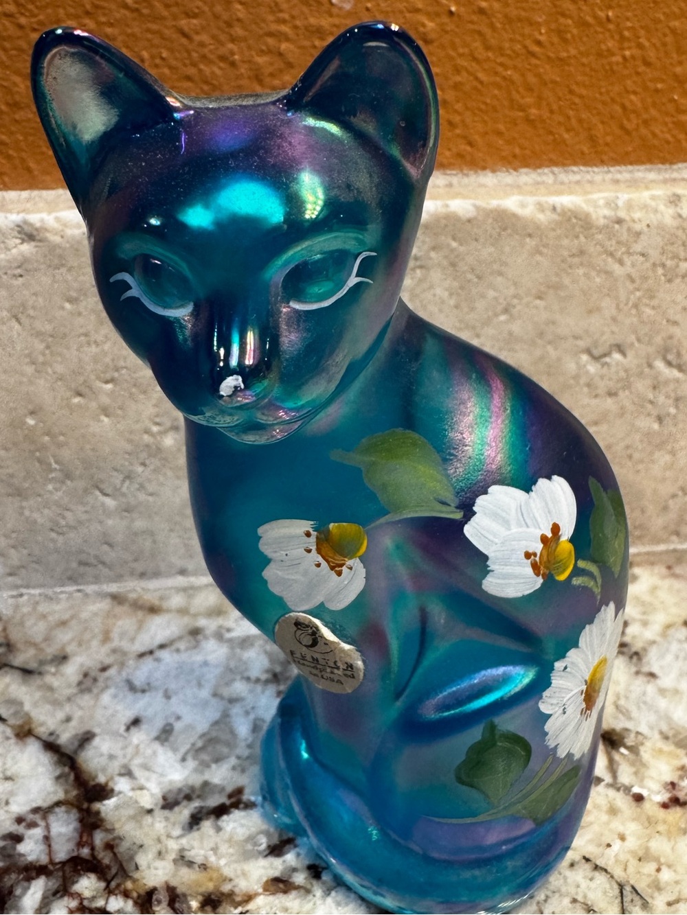 Fenton Art Glass Cat Turquoise Carnival glass hand-painted  signed vintage rare